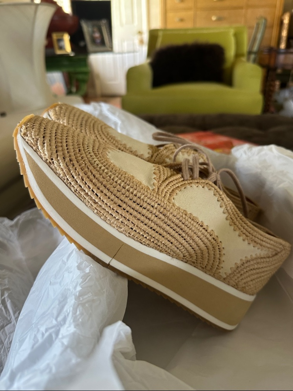 Clergerie Paris Platform Lace-Up Raffia and Suede Sneakers